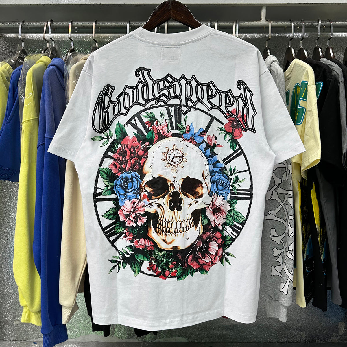 Godspeed T-shirts Skull Rose Clock Plate Double Yarn Cotton Casual Short Sleeve Men and Women