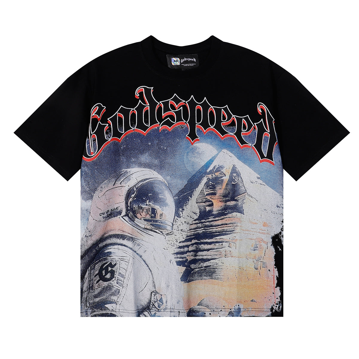 Godspeed T-shirts Spacesuit Pyramid Printing Cotton Casual Crew Neck Short Sleeve Men and Women